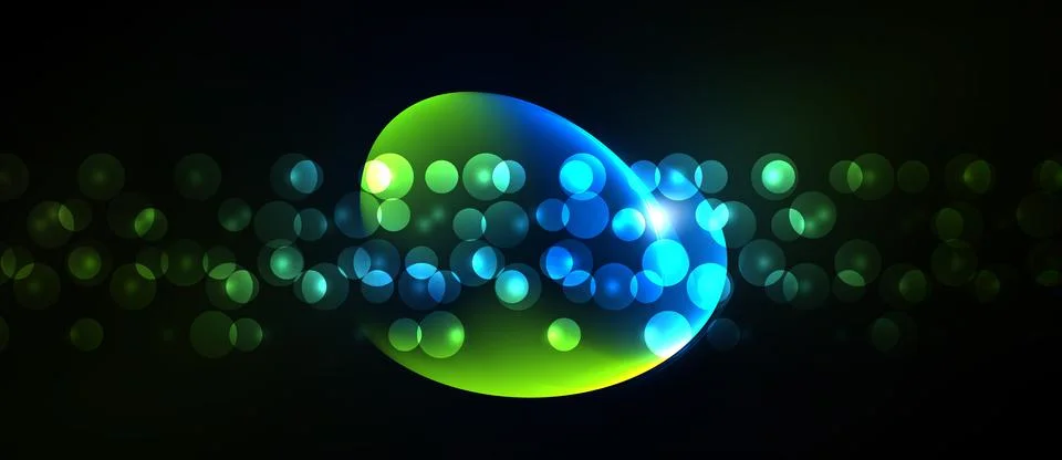 Bright bubbles float, glowing green blends into vibrant blue. Dark background Stock Illustration