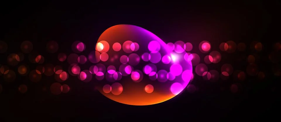 Bright bubbles float, glowing pink, orange hues against dark background. Illustrazione stock