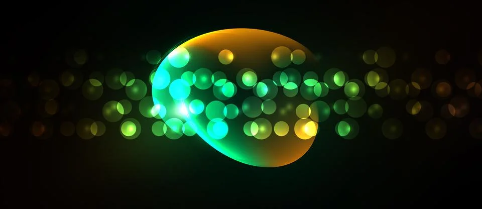 Bright bubbles float, glowing softly against dark background. Colors blend, Stockillustratie