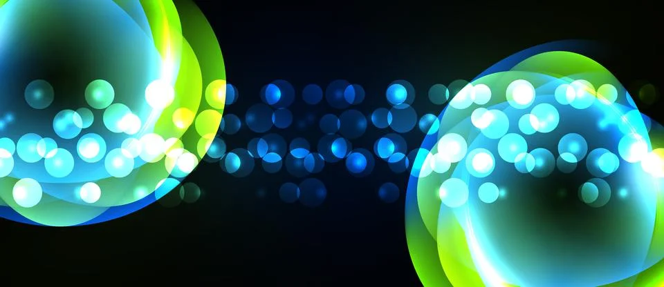 Bright bubbles glow, connected by smaller lights. Dark background emphasizes Stock Illustration