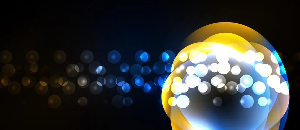 Bright bubbles, glowing orbs, dark background. Abstract light effects create Stock Illustration