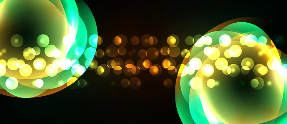 Bright bubbles, glowing particles connect two luminous green shapes. Dark Stock Illustration