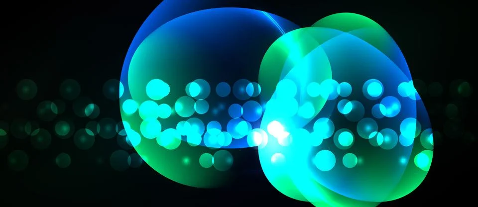 Bright bubbles overlap, creating luminous effect. Numerous small spheres floa Ilustração Stock