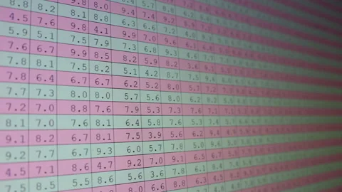 Bright budget spreadsheet table columns and rows filled with numbers. Camer.. Stock Footage 297421999