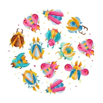Bright Bugs and Beetle Insect with Wings Vector Circle Arrangement Template Stock Illustration