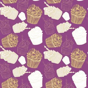 Bright burgundy seamless cupcake pattern, illustrations on a white background Stock Illustration