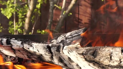 Bright burning fire in the grill. cooking in nature. making a fire. Stock Footage 130594416