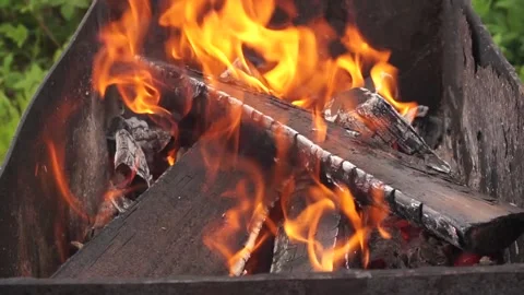 Bright burning fire in the grill. cooking in nature. making a fire. Stock Footage 130595813