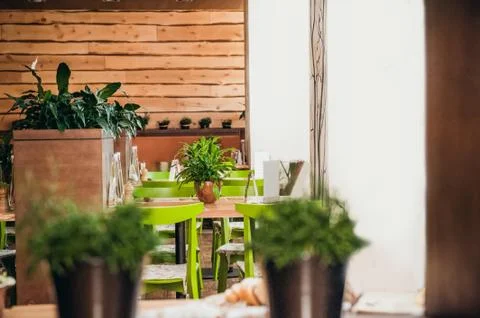 Bright cafe interior design concept in ecological natural style. Wooden furni Stock Photos