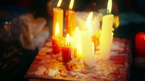 Bright candle light in dark room, magic ritual, mystery world, spiritual session Video stock 170817114