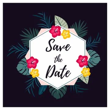 Bright card Save the date with exotic flowers Stock Illustration