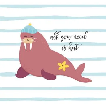 Bright card with walrus in hat Stock Illustration