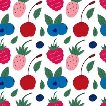 Bright cartoon fruit pattern with cherries, raspberries, strawberries, and .. Illustrazione stock