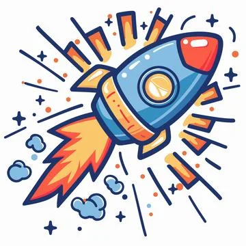 Bright cartoon rocket ship blasting off into space surrounded stars, clouds Stock Illustration