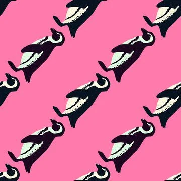 Bright cartoon seamless pattern with hand drawn penguins silhouettes. Pink ba Stock Illustration