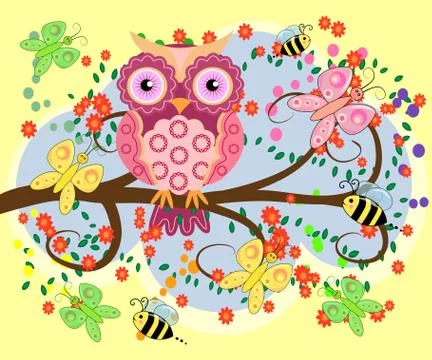 Bright, cartoonish, flirtatious, loving owls on the flowering branches of a t Stock Illustration