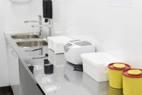 Bright cases for equipments situating on table Stock Photos