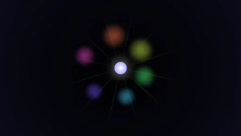 A bright central light surrounded by six colorful glowing spheres in black Vidéo 335149773