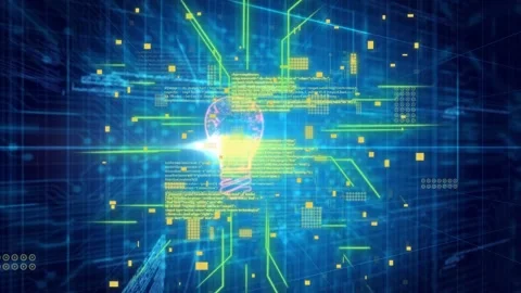 Bright central pulse starting flow, merging neon lines forming circuit lightbulb Stock Footage 334337719