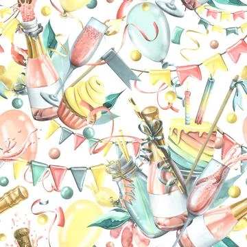 Bright, cheerful, festive, seamless pattern with champagne, cake, gifts Stock Illustration