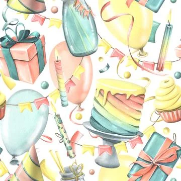 Bright, cheerful, festive, seamless pattern with champagne, cake, gifts Stock Illustration