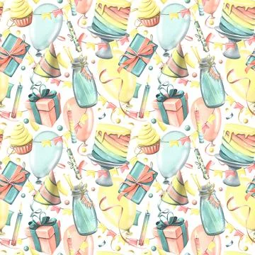 Bright, cheerful, festive, seamless pattern with champagne, cake, gifts Illustrazione stock