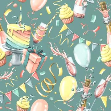 Bright, cheerful, festive, seamless pattern with champagne, cake, gifts Stock Illustration