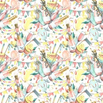 Bright, cheerful, festive, seamless pattern with champagne, cake, gifts Stock Illustration