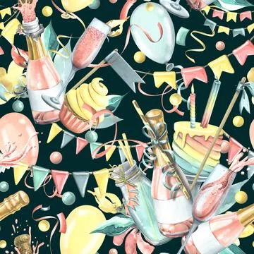 Bright, cheerful, festive, seamless pattern with champagne, cake, gifts Stock Illustration