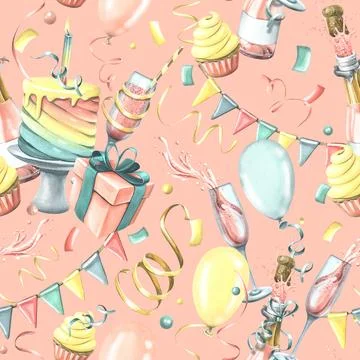 Bright, cheerful, festive, seamless pattern with champagne, cake, gifts Stock Illustration