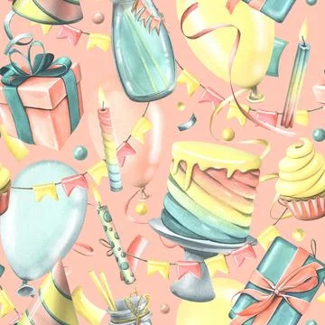 Bright, cheerful, festive, seamless pattern with champagne, cake, gifts Stock Illustration