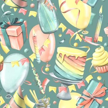 Bright, cheerful, festive, seamless pattern with champagne, cake, gifts Stock Illustration