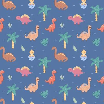Bright childish seamless pattern with dinosaurs. Cute animals, trees, colorful Stock Illustration