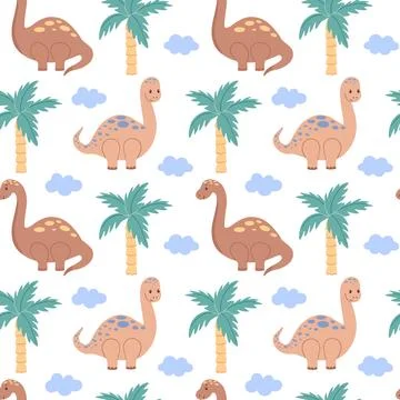 Bright childish seamless pattern with dinosaurs. Cute animals, trees, colorful Illustrazione stock