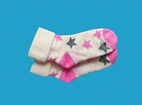 Bright children's multi-colored socks with decorative pattern, top view Foto stock