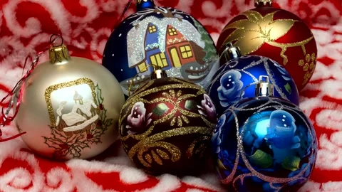 Bright Christmas decorations are displayed on a beautiful Christmas decor Stock Footage 333493382