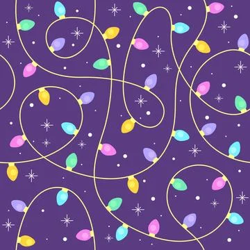 Bright Christmas Light String Seamless Pattern with Stars on Purple Backgroun Stock Illustration