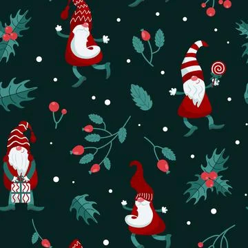 Bright Christmas pattern. Gnomes in caps, candy canes, gifts, winter rose hip Stock Illustration