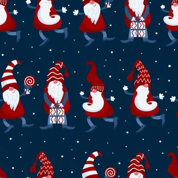 Bright Christmas pattern. Gnomes in caps, candy canes, gifts, winter, snowfall Stock Illustration