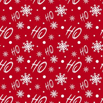 Bright Christmas pattern. White snowflakes, the inscription Ho-ho on a red Stock Illustration