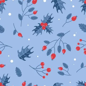 Bright Christmas pattern. Winter berries rosehip, holly. In red and blue fest Stock Illustration