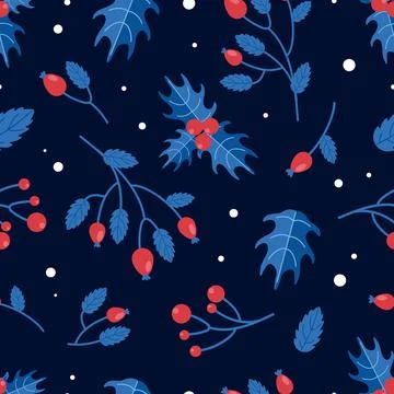 Bright Christmas pattern. Winter berries rosehip, holly. In red and blue fest Illustrazione stock