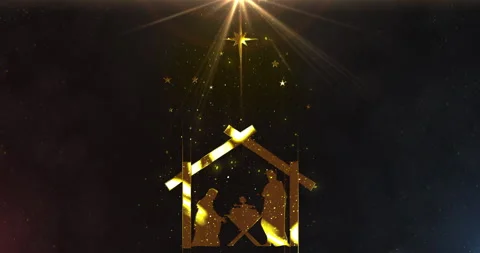 Bright Christmas scene animation with light particles Joseph and Mary praying Stock Footage 313274853