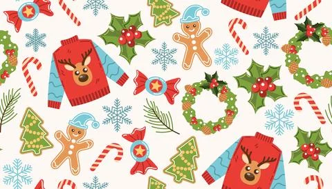 Bright Christmas seamless pattern featuring an ugly sweater with deer and hol Illustrazione stock