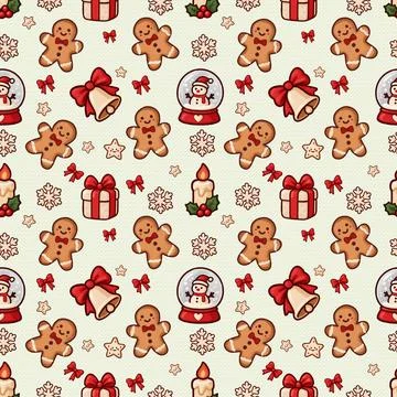 Bright Christmas Seamless Pattern With Gingerbread Men, Snow Globes And Bells Stock-Illustration