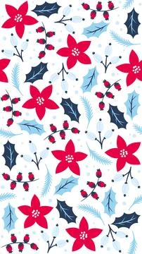 Bright Christmas Seamless Pattern with Red Flowers Blue Holly Leaves and Wi.. Stock Illustration