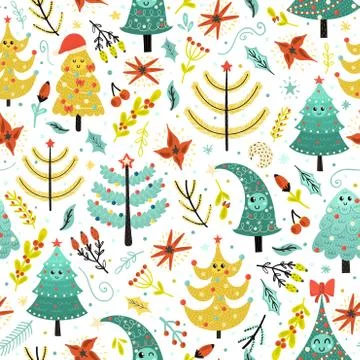 Bright Christmas seamless patterns with cute trees. Background for kids Stock Illustration