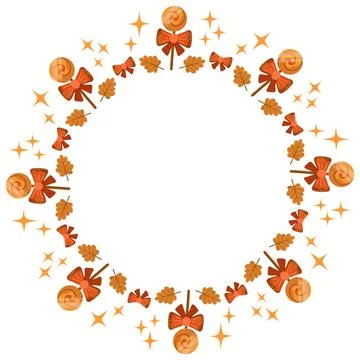 Bright circle frame of sweet lollipops and autumn leaves. Round candy frame. Stock Illustration