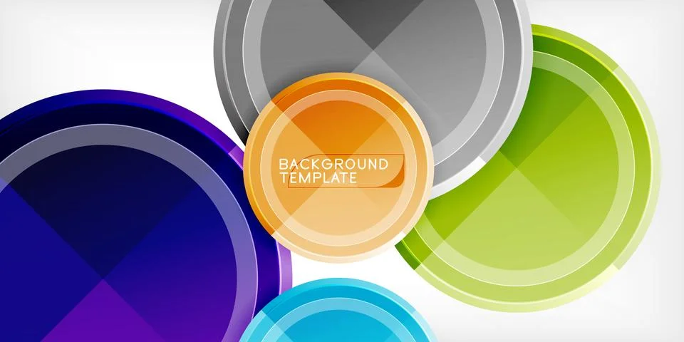 Bright circles overlap, creating dynamic visual effect. Gradient colors blend, Stock Illustration