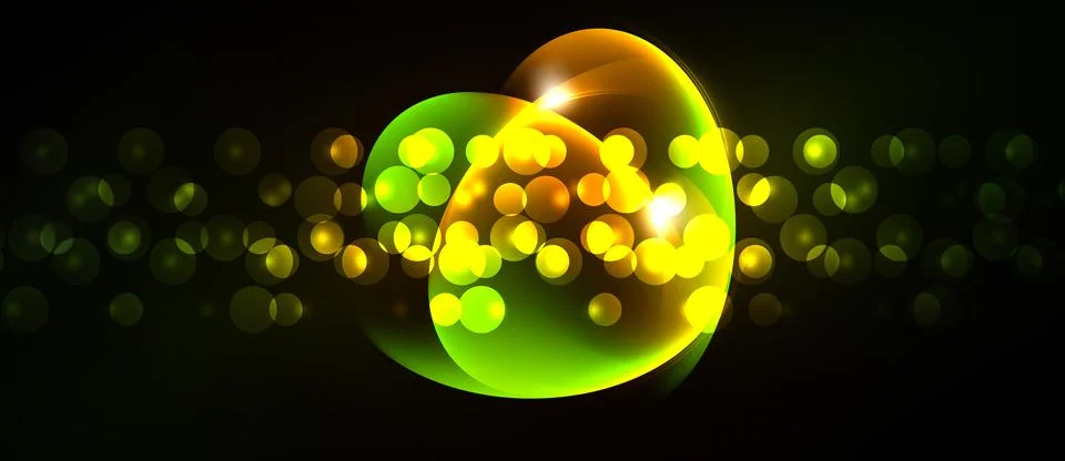 Bright circles overlap, creating luminous effect. Numerous small spheres sc.. Stock Illustration